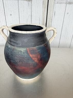 Raku Vase Vintage Studio Art Pottery Signed Metallic Iridescent Vessel Pot